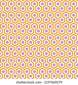 Orange and purple hex honeycomb pattern on white background. Colorful seamless interlocking hexagon pattern on white backdrop.