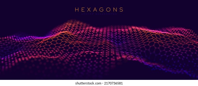 Orange Purple Hexagon Grid In Perspective. Colorful Abstract Technology Background. Modern NFT Cryptoart Blockchain Game Network Backdrop. Vector Illustration.