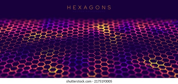 Orange Purple Hexagon Grid In Perspective. Colorful Abstract Technology Background. Modern NFT Cryptoart Blockchain Game Network Backdrop. Vector Illustration.