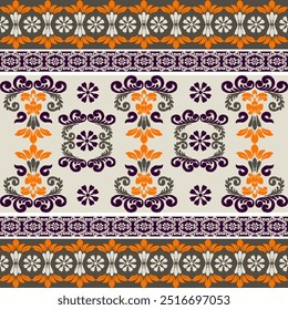 Orange and purple ikat embroidery, motif ethnic ikat seamless textile illustration, print striped ornament, pattern, design for wrapping, silk, scarf, clothing, background, textile, carpets, curtains.