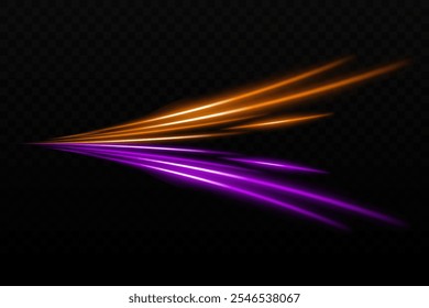 Luz naranja y púrpura de haz de deslumbramiento. Un reflejo de haz curvado agudo. Diseños de ciencia ficción, transiciones de luz, efectos futuristas. Rayas de luz brillante, efectos de neón. Fondo de Fondo de pantalla de brillo dinámico