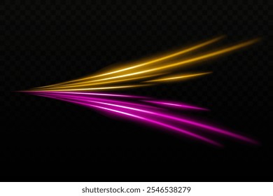 Luz naranja y púrpura de haz de deslumbramiento. Un reflejo de haz curvado agudo. Diseños de ciencia ficción, transiciones de luz, efectos futuristas. Rayas de luz brillante, efectos de neón. Fondo de Fondo de pantalla de brillo dinámico