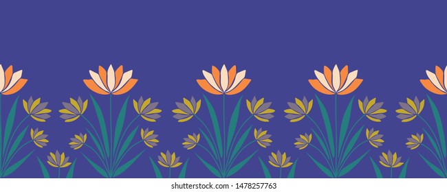 Orange, purple and mustard flowers in a seamless horizontal border, that can be used on the web or in print, for surface design
