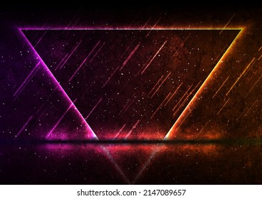 Orange purple neon laser triangle frame abstract technology retro grunge background. Futuristic glowing graphic vector design