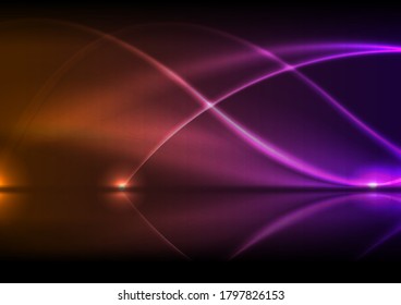 Orange purple neon waves with reflection. Abstract shiny technology retro background. Futuristic glowing vector design