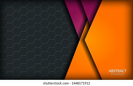 Orange and purple overlap corporate layer background on dark hexagon geometric shape pattern. Modern business for banner, flyer, brochure, cover and card.