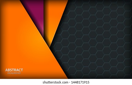 Orange and purple overlap corporate layer background on dark hexagon geometric shape pattern. Modern business for banner, flyer, brochure, cover and card.
