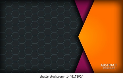 Orange and purple overlap corporate layer background on dark hexagon geometric shape pattern. Modern business for banner, flyer, brochure, cover and card.