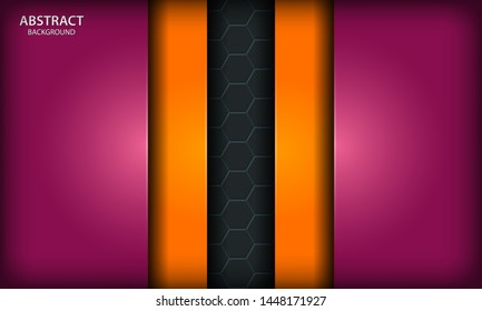 Orange and purple overlap corporate layer background on dark hexagon geometric shape pattern. Modern business for banner, flyer, brochure, cover and card.
