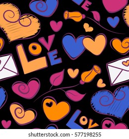 Orange, purple and pink design template for holiday and wedding card, wallpaper on a black background. Vector Valentine design. Vector. Colorful hearts, love text and rose flower seamless pattern.