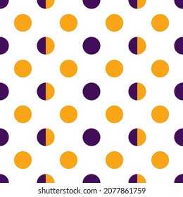 Orange and purple polka dots, seamless pattern on white background. Vector illustration. Happy Halloween.