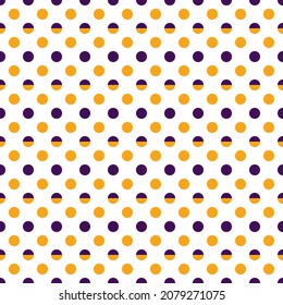 Orange and purple polka dots, seamless pattern on white background. Vector illustration. Happy Halloween.