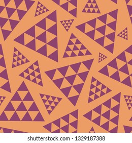 Orange and purple random triangle repeat vector pattern. Modern lively boho vibe. Great for yoga, beauty products, home decor, gift wrap, stationery, packaging.