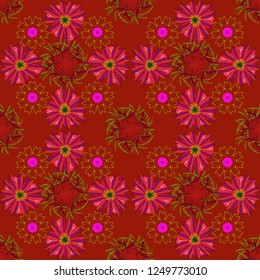 Orange, purple and red colors vector seamless pattern with many flowers.