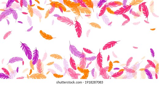 Orange Purple Red Feather Floating Vector Background. Falling Bird Plumage Illustration. Flamingo Plumage, Feather Floating  Isolated. Close Up Graphic Design. Airy Boa Hackle.