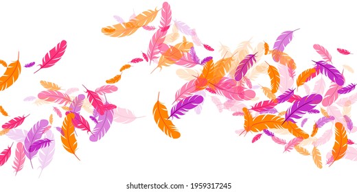 Orange purple red feather floating vector background. Flying bird plumage illustration. Flamingo plumage, feather floating  silhouettes. Close up graphic design. Vivid boa hackle.