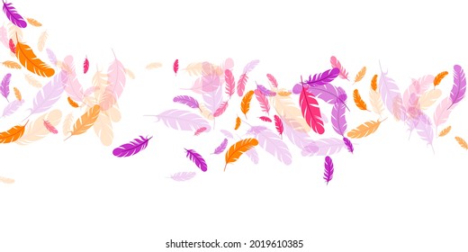 Orange purple red feather floating vector background. Flying bird plumage pattern. Flamingo plumage, feather floating  silhouettes. Macro graphic design. Bright boa hackle.