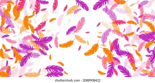 Orange purple red feather floating vector background. Falling down bird plumage pattern. Colorful fluffy soft plumage, feather floating  isolated. Macro graphic design. Bright boa hackle.