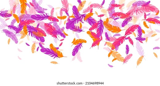 Orange Purple Red Feather Floating Vector Background. Flying Bird Plumage Illustration. Parrot Plumage, Feather Floating  Isolated. Macro Graphic Design. Vivid Boa Hackle.