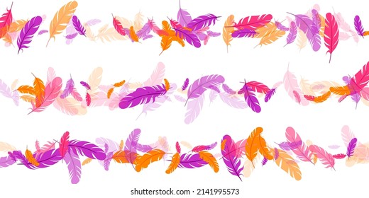 Orange purple red feather floating vector background. Falling bird plumage illustration. Colorful fluffy soft plumage, feather floating  silhouettes. Macro graphic design. Airy boa hackle.