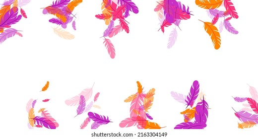 Orange purple red feather floating vector background. Falling down bird plumage pattern. Weightless soft plumage, feather floating  silhouettes. Close up graphic design. Vivid boa hackle.