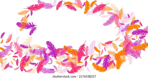 Orange purple red feather floating vector background. Falling bird plumage illustration. Parrot plumage, feather floating  isolated. Close up graphic design. Bright boa hackle.