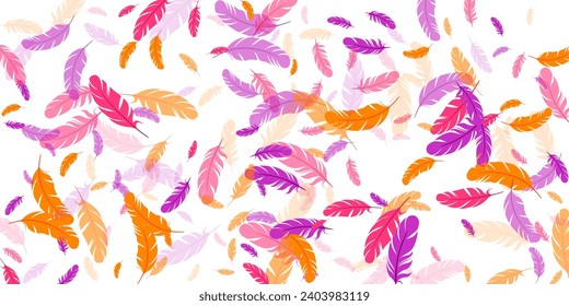 Orangefarbene, violette rote Feder, schwimmender Vektorhintergrund. Fliegender Vogel stürzt ab. Papagei stürzt, Feder schwimmt einzeln. Makrografisches Design. Airy-Boa-Hackle.