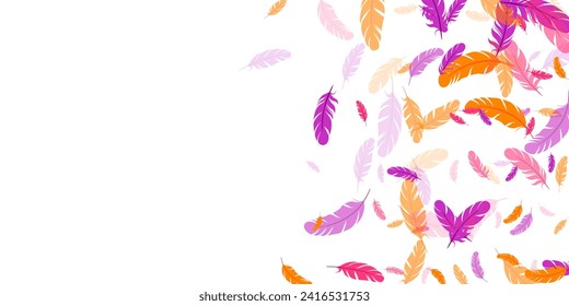 Orangefarbene, violette rote Feder, schwimmender Vektorhintergrund. Absturz des Vogelspaltens. Weichtlose, weiche Unterlage, federschwebende Silhouetten. Makrografisches Design. Helles Boa-Hackle.