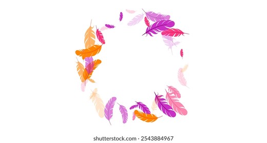 Orange violette rote Feder schwebenden Vektorhintergrund. Fliegendes Vogelgefieder, Illustration. Abstrakte flauschige weiche Gefieder, Feder schwimmende Silhouetten. Makrografisches Design. Lebhaftes Boa-Hacken.