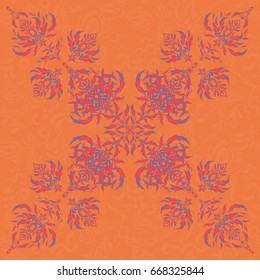 Orange and purple seamless pattern good for greeting card for birthday, invitation or banner. Vector illustration. Medieval royal pattern. Decorative symmetry arabesque.