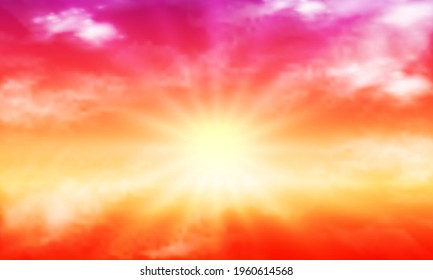 Orange purple sky with sun and clouds, vector art illustration.