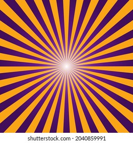 Fondo del patrón de explosión de sol naranja y morado. Rayos. Fondo de la explosión del sol. Ilustración vectorial. Fondo radial de Halloween naranja y morado.