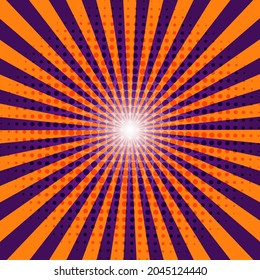 Orange and purple Sunburst Pattern Background. Rays. Sunburst background. Vector illustration. Orange and purple radial Halloween background. Halftone background.