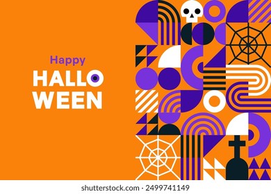 Orange and Purple tone of Halloween Geometric Bauhaus Background in Mosaic Block Style, Seamless Pattern for Backdrops, Greeting Cards, and Geometry-Ornamented Retro Modern Design