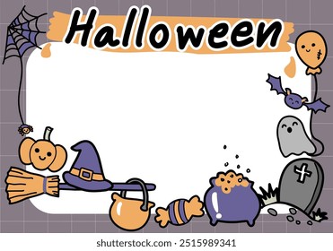 Orange purple vector with white frame for Halloween text. It is a cute cartoon style with handwritten lettering that says Halloween, a festival held every year on October 31st.