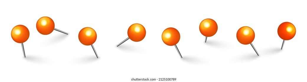 Orange Push Pins. Board Tacks Isolated On White Background. Plastic Pushpin With Needle. Vector Illustration.