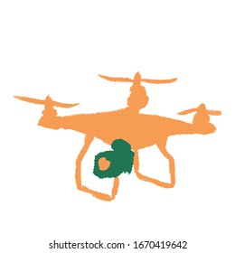 Orange quad copter on white isolated backdrop. Action camera for travel club or electronics shop logo, notebook, bath tile. Phone case or cloth print art. Kids cartoon style stock vector illustration