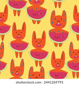orange rabbits with watermellorn slice seamless; cartooned doodle characters to print on textile, bandana, bib