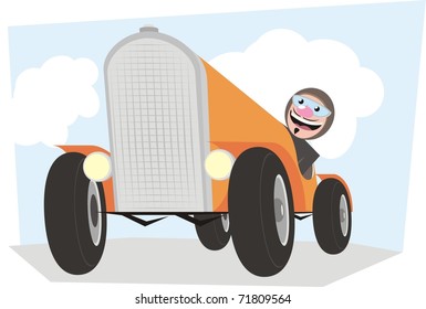 An orange racing car with a smiling driver looking out of the cockpit - colorful vector cartoon illustration