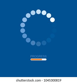Orange radial load, update or download diagram icon of progress bar, flat design. Load bar for mobile apps on blue background.