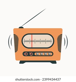 Radio orange de style rétro avec antenne et musique jouée à partir de celle-ci. Illustration vectorielle à plat de l'icône, du logo, de l'emblème