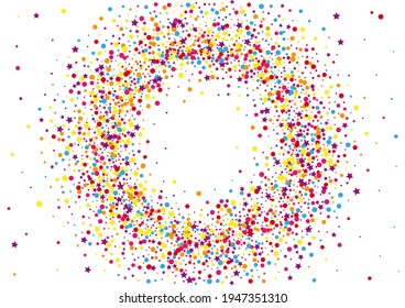 Orange Rainbow Dot Decoration. Explosion Circle Illustration. Purple Confetti Scattered Background. 