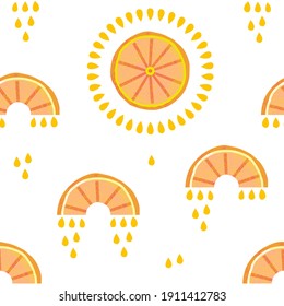 Orange Rainbow Sun seamless vector pattern. Fruity citrus sky nursery illustration. Juicy Summer baby backdrop design for fabric apparel print