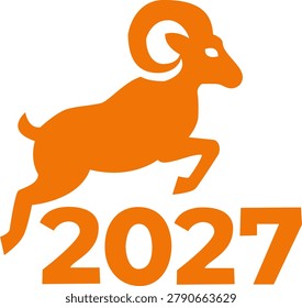 Orange ram or argali silhouette jumping over 2027 typography vector icon, dynamic business motion logo design, energy power concept