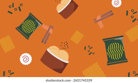 Orange ramen-themed illustration with noodle bowls, packets, and chopsticks arranged in a bold and energetic layout for food creatives.