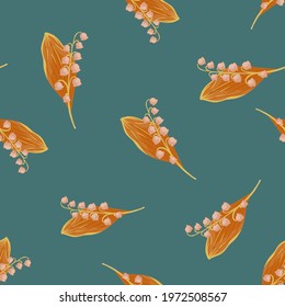 Orange random lily of the valley spring flowers seamless pattern. Turquoise background. Doodle style. Graphic design for wrapping paper and fabric textures. Vector Illustration.