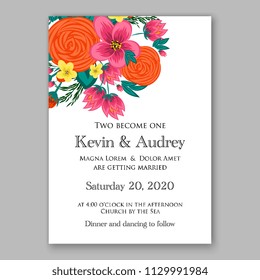 Orange ranunculus peony rose Floral wedding invitation vector printable card template