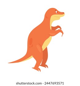 Orange raptor dinosaur. Prehistoric animal, jungle reptiles group, jurassic world evolution cartoon vector illustration