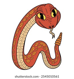 Serpiente de cascabel naranja dibujado a mano plana. Linda serpiente. Animal peligroso con cuerpo largo y retorcido. Víbora, pitón, anaconda. Criatura venenosa. Vector ilustración de dibujos animados.