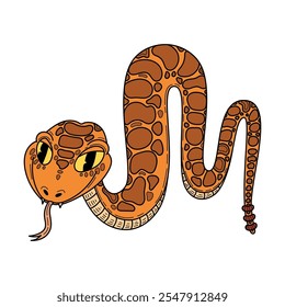 Serpiente de cascabel naranja dibujado a mano plana. Linda serpiente. Animal peligroso con cuerpo largo y retorcido. Víbora, pitón, anaconda. Criatura venenosa. Vector ilustración de dibujos animados.